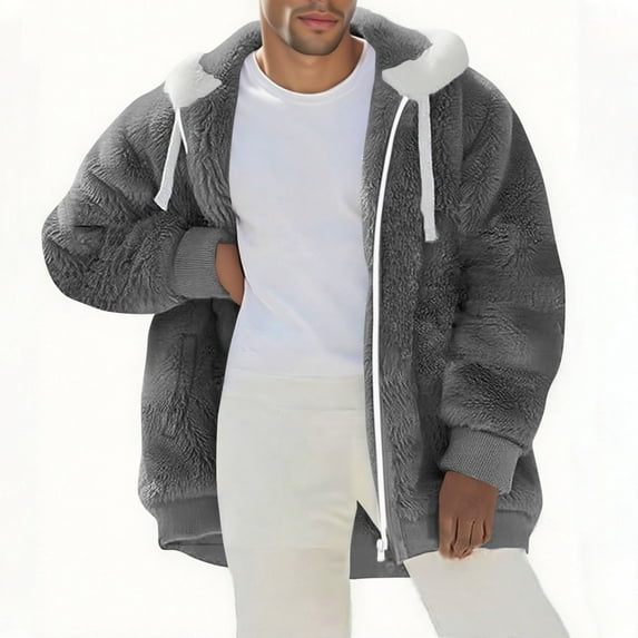 LpwkSSA Men's Warm Jacket Stand Collar Thermal Cotton Long Sleeve Fleece Zip with Hood Pockets Casual Sweaters Winter Solid Fall Coats Gray XXL