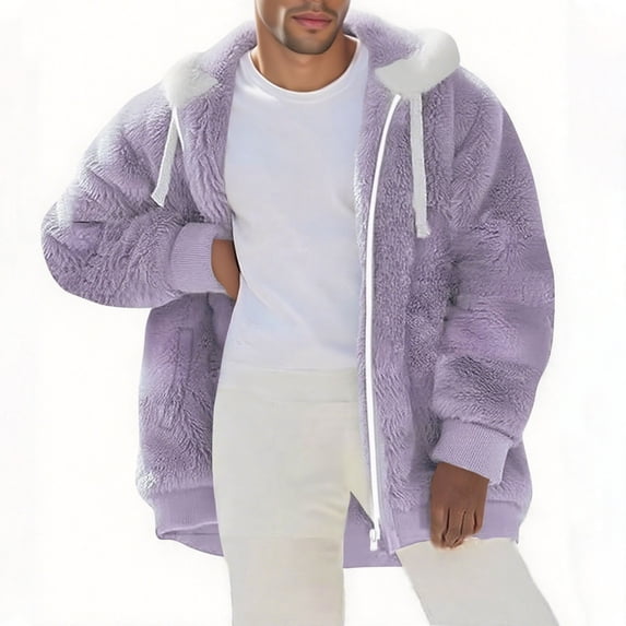 LpwkSSA Men's Warm Jacket Stand Collar Thermal Cotton Long Sleeve Fleece Zip with Hood Pockets Casual Sweaters Winter Solid Fall Coats Purple XXXL