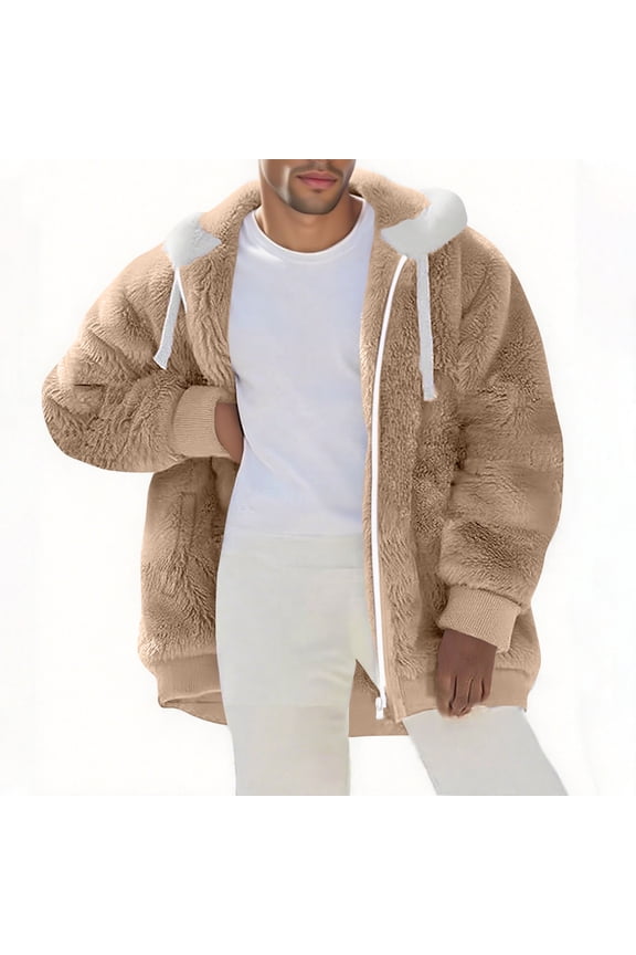 Men's Warm Jacket Stand Collar Thermal Cotton Long Sleeve Fleece Zip with Hood Pockets Casual Sweaters Winter Solid Fall Coats Yellow S