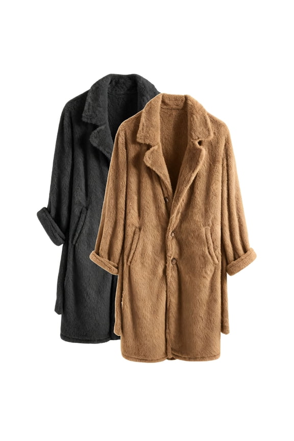 Men's Warm Long Coat Loose Collar Furry Lapel Button Closure Casual Outerwear Perfect for Work Date Daily Leisure Comfortable Windbreaker Gray L