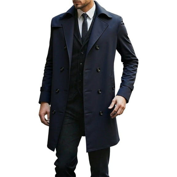 LpwkSSA Men's Warm Windbreaker Double Breasted Trench Coat Notched Lapel Long Peacoat Classic Casual Winter Overcoat British Style Heavyweight Mid Long Wool Pea Coat Black S