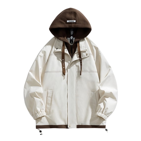 LpwkSSA Men's Waterproof Ski Jacket Solid Color Fake Two Pieces Warm Winter Snow Coat Mountain Windbreaker Hooded Cardigan Coat Beige M