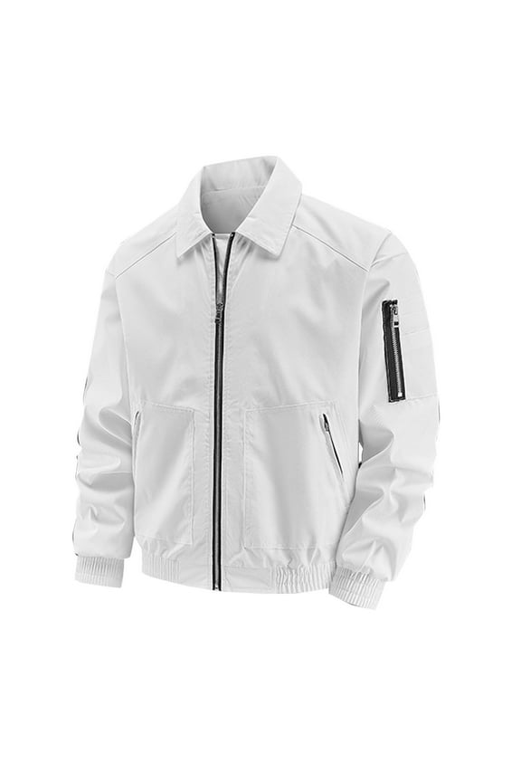 Men's Waterproof Work Coat Solid Color Windproof Long Sleeved Lapel Zipper Casual Jacket with Arm Pocket Oversized Fall Winter Workrwear White L