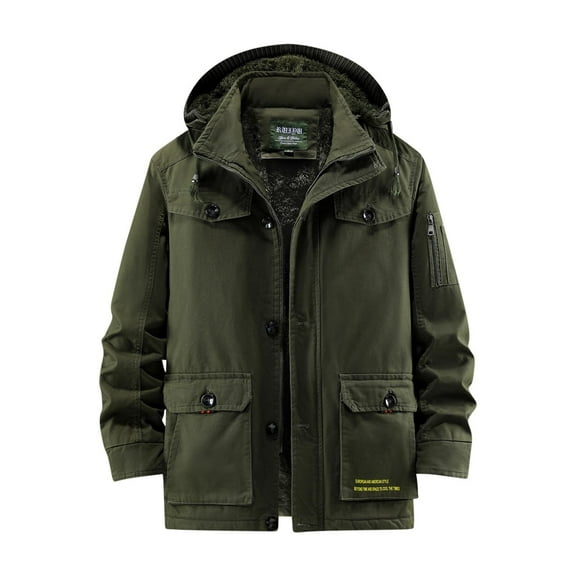 LpwkSSA Men's Windproof Outdoor Jacket Winter Warm Long Sleeve Solid Color Button Snow Coat Mountain Waterproof Hooded Raincoat Green M