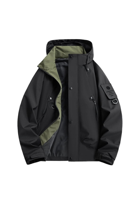 Men's Windproof Work Coat Solid Color Waterproof Long Sleeve Hooded Workwear Outwear with Multiple Pockets Lightweight Fall Jacket Black XXXL