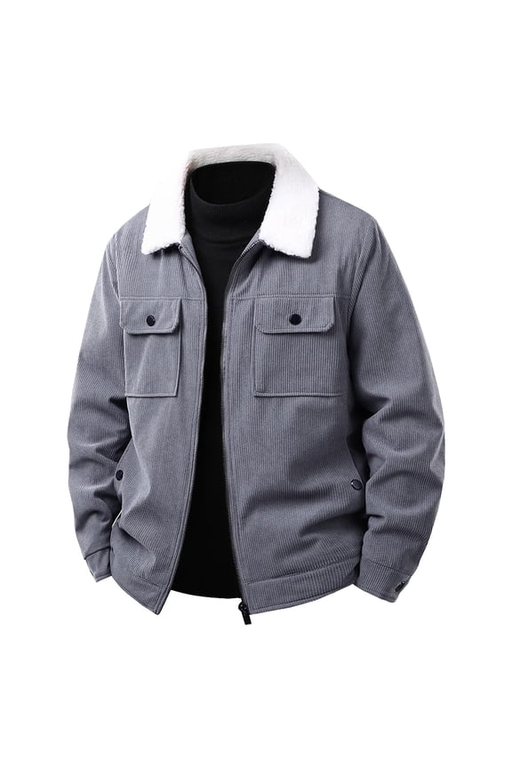 Men's Winter Coats Mens Fleece Jacket Solid Color Long Sleeved Lapel Zipper Cardigan With Thick Corduroy And Lamb Wool Jacket With Pockets Gray XL