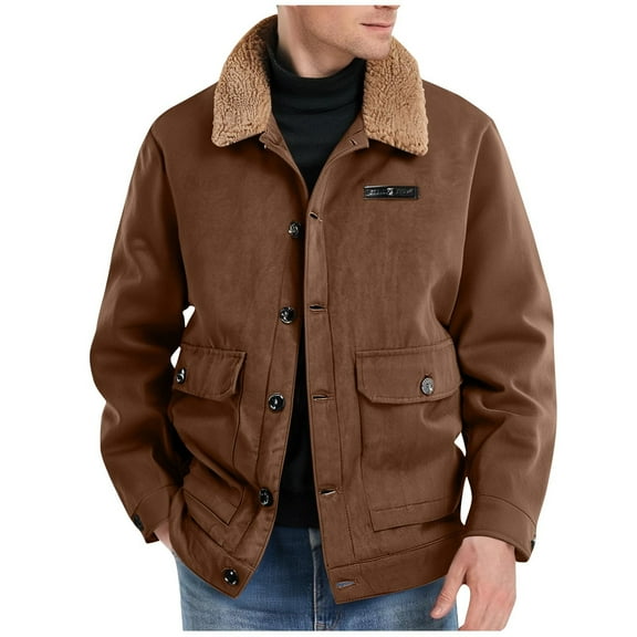 LpwkSSA Men's Winter Cotton Coats Sherpa Lined Jacket Long Sleeve Solid Color Turndown Collar Casual Trucker Outerwear with Flap Pockets Brown XL