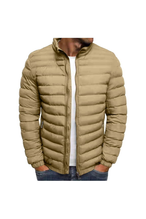 Men's Winter Down Coats Solid Color Hoodless Windbreaker Cotton Puffer Jacket Casual Fashion Warm Cotton Padded Jacket Brown XS