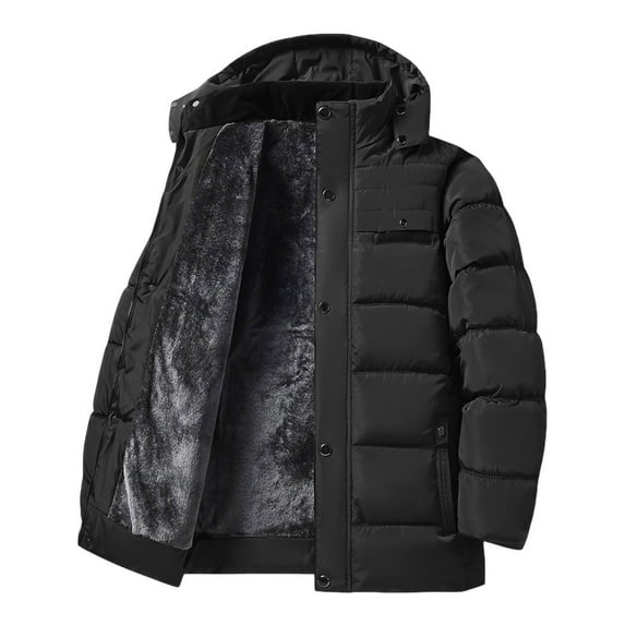 LpwkSSA Men's Winter Down Jacket Long Sleeve Solid Color Warm Coat with Removable Hooded Thickened Cotton Outerwear for Cold Weather Black XXXL