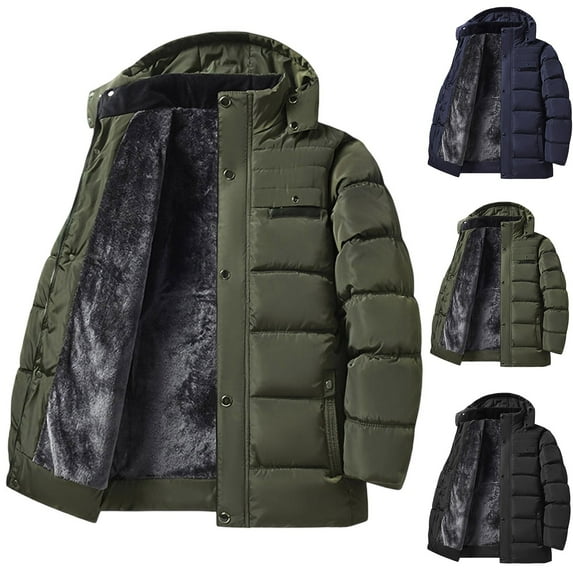 LpwkSSA Men's Winter Down Jacket Long Sleeve Solid Color Warm Coat with Removable Hooded Thickened Cotton Outerwear for Cold Weather Green XXL