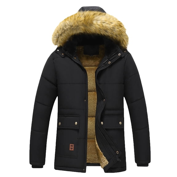 LpwkSSA Men's Winter Down Jacket Warm Fleece Lined Winter Coat Quilted Puffer Jackets Solid Color Thick Windproof Pocket Zipper Hooded Outdoor Jacket Black XXXXL