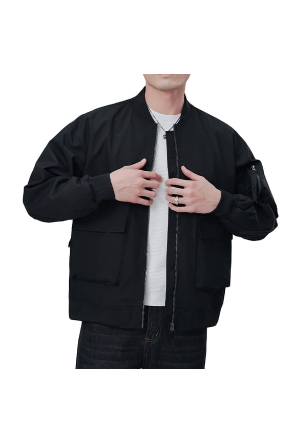 Men's Winter Loose Casual Sports Jacket Lightweight Plain Plus Size Long Sleeve Baseball Coats With Zipped Pocket Black XXXL
