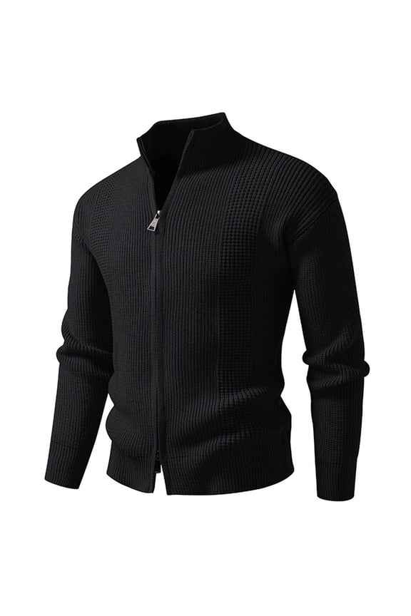 Men's Winter Sweaters Solid Color Fashion Long Sleeve Cardigan Full Zip up Stand Collar Knitted Jackets with Pockets Fall Casual Tops Black L