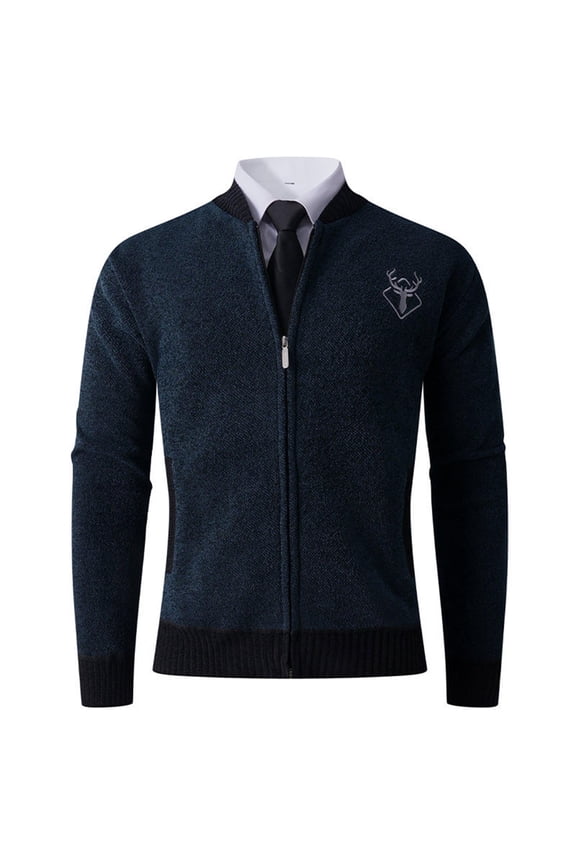 Men's Winter Sweaters Solid Color Fashion Long Sleeve Cardigan Full Zip up Stand Collar Knitted Sweaters with Pockets Fall Casual Coat Blue M