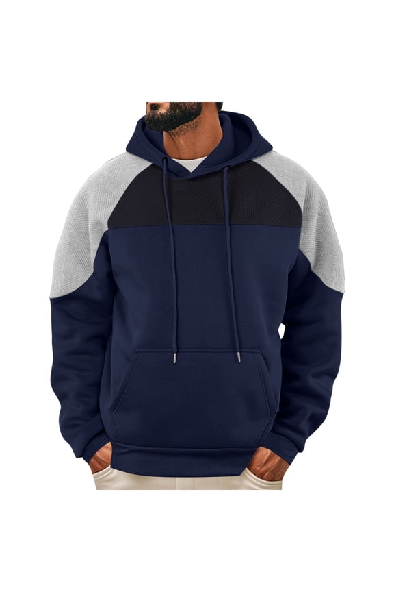 Men's Winter Thermal Hoodie Velvet Long Sleeve Pullover Loose Fit Jacket With Pocket Hooded Color Block Sweater Blue XXXL