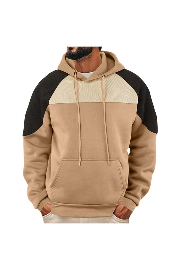 Men's Winter Thermal Hoodie Velvet Long Sleeve Pullover Loose Fit Jacket With Pocket Hooded Color Block Sweater Yellow M