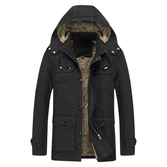 LpwkSSA Men's Winter Trench Coat Windproof Slim Fit Button Thicken Solid Color Long Sleeve Business Overcoat with Removable Hood Black L