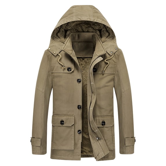 LpwkSSA Men's Winter Trench Coat Windproof Slim Fit Button Thicken Solid Color Long Sleeve Business Overcoat with Removable Hood Yellow XXXL