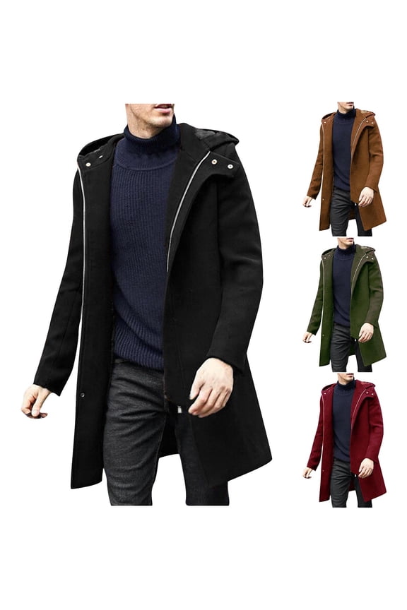 Men's Winter Warm Coat Wool Blends Pea Coats Medium Long Coat Hooded Plush Zipper Knitting Drawstring Single Breasted Overcoat Black M