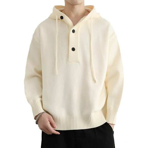 LpwkSSA Men's Winter Warm Hoodie Long Sleeve Solid Color Kint Hooded Sweatshirt Button Down Round Neck Comfort Dailywear Pullover Hoodie Beige XXL