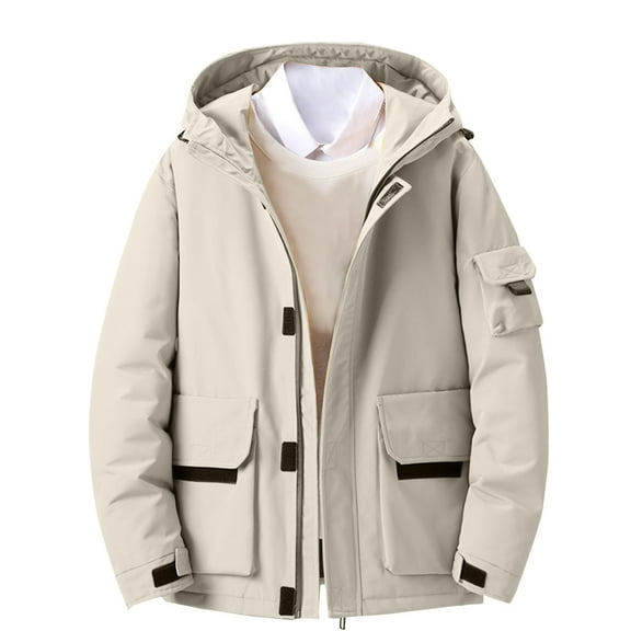 LpwkSSA Men's Winter Warm Padded Coat Cacual Fashion Solid Color Hooded Long Sleeves Hooded Zipper Casual Eiderdown Coat Beige L