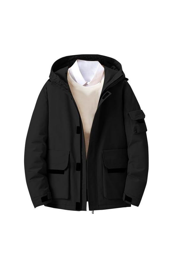 Men's Winter Warm Padded Coat Cacual Fashion Solid Color Hooded Long Sleeves Hooded Zipper Casual Eiderdown Coat Black M