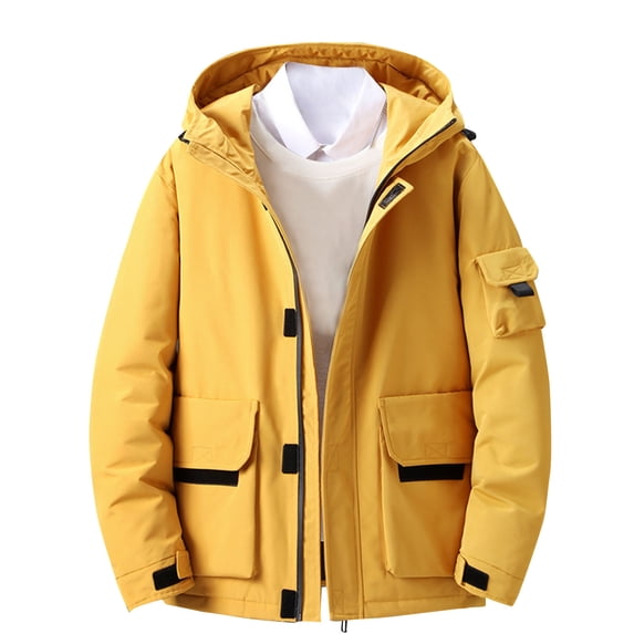 LpwkSSA Men's Winter Warm Padded Coat Cacual Fashion Solid Color Hooded Long Sleeves Hooded Zipper Casual Eiderdown Coat Yellow XXL
