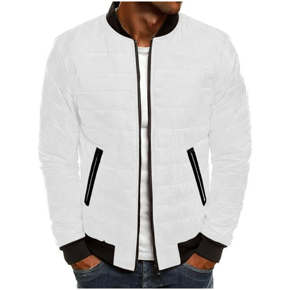 LpwkSSA Men's Winter Warm Puffer Coats Solid Color Cotton Padded Jacket Long Sleeve Winter Thick Warm Windproof Casual Sports Coat White S