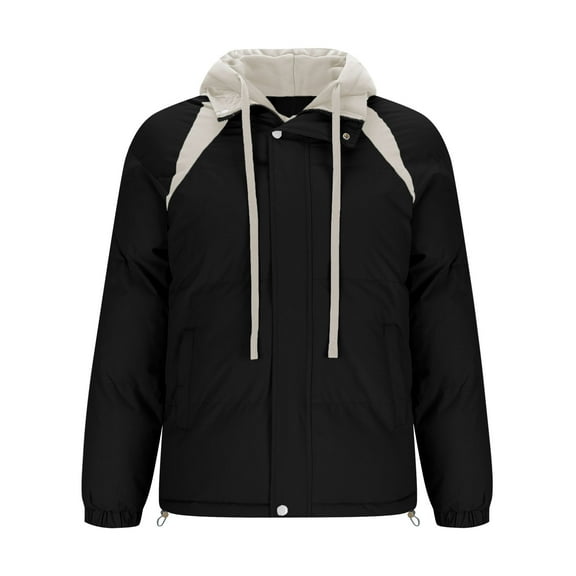 LpwkSSA Men's Winter Warm Puffer Jacket Gift Casual Fake Two Piece Jacket Hooded Color Blocked Long Sleeve Drawstring Winter Fake Two Piece Warm Jacket Black S