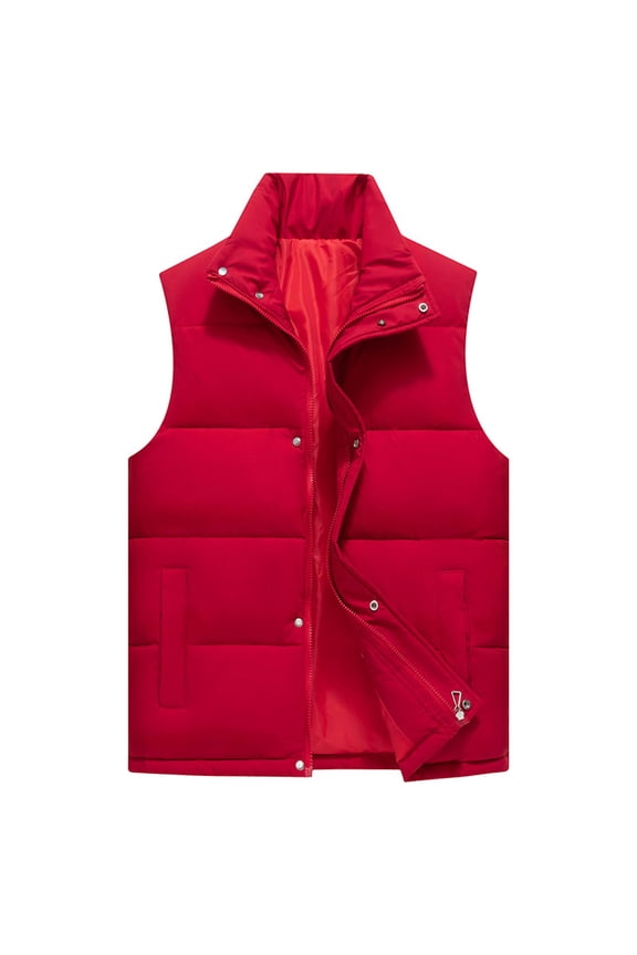 Men's Winter WarmCotton Jacket Solid Color Puffer Vest Casual Stand Collar Quilted Waistcoat Practical Outdoor Padded Ski Vest Red XL