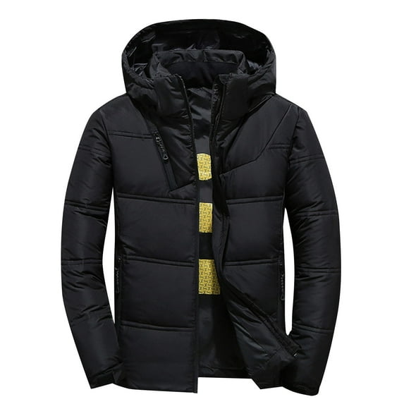 LpwkSSA Men's Winter Windproof Padded Coats Parkas Casual Solid Color Hooded Zipper Jackets with Pockets Long Sleeve Cardigan Eiderdown Coat Black L
