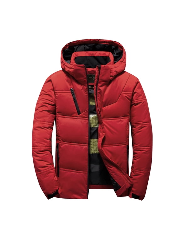 Men's Winter Windproof Padded Coats Parkas Casual Solid Color Hooded Zipper Jackets with Pockets Long Sleeve Cardigan Eiderdown Coat Red XXL