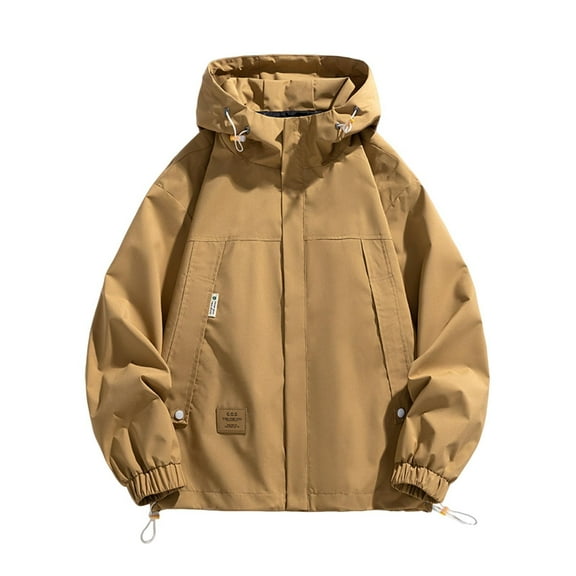 LpwkSSA Men's Winter Work Coats Solid Color Hooded Long Sleeve Hip Hop Hooded Full Zipper Coat With Pockets Leisure Breathable Daily Wear Brown L