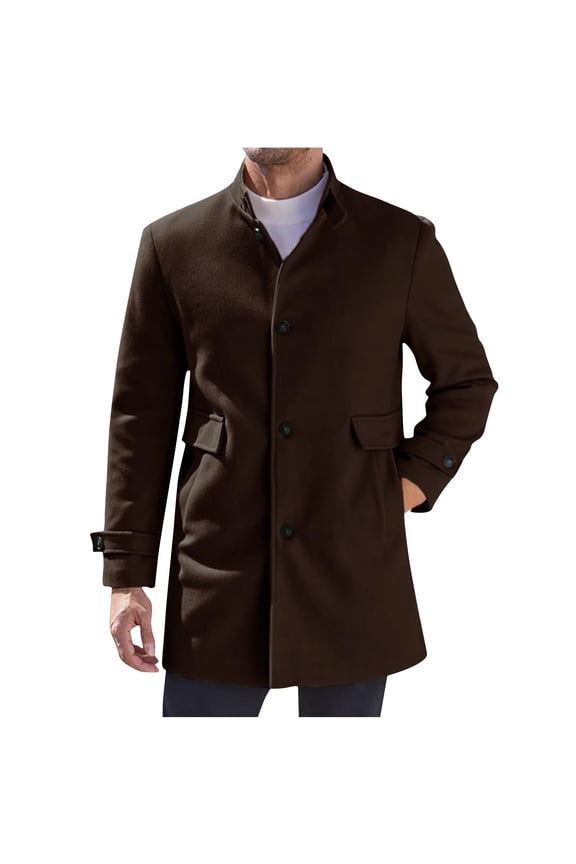 Men's Wool Blend Pea Coat Windproof Long Sleeve Stand Collar Overcoat Business Stylish Winter Warm Coats Brown L