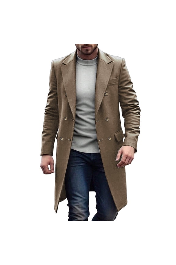 Men's Wool Blend Trench Coat Solid Long Double Breasted Pea Coat Casual Mid Length Blazer Jackets with Pockets Fall Winter Notch Lapel Overcoat Brown XXL