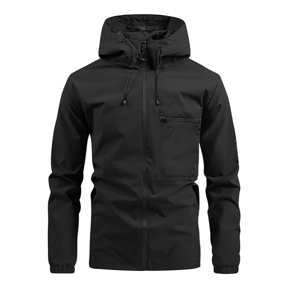 LpwkSSA Men's Work Coats Solid Color Long Sleeve Hooded Workwear Waterproof Jacket Outdoor Casual Utility Style with Multiple Pockets Black S