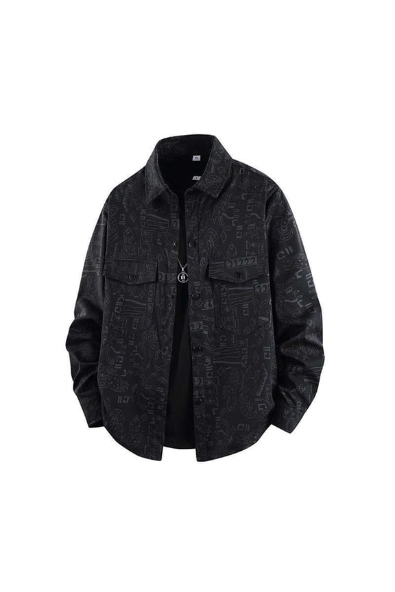 Men's Workwear Windproof Jacket Graffiti Lapel Cardigan Button Down Long Sleeve Casual Fashion Loose Streetwear Jacket Black S