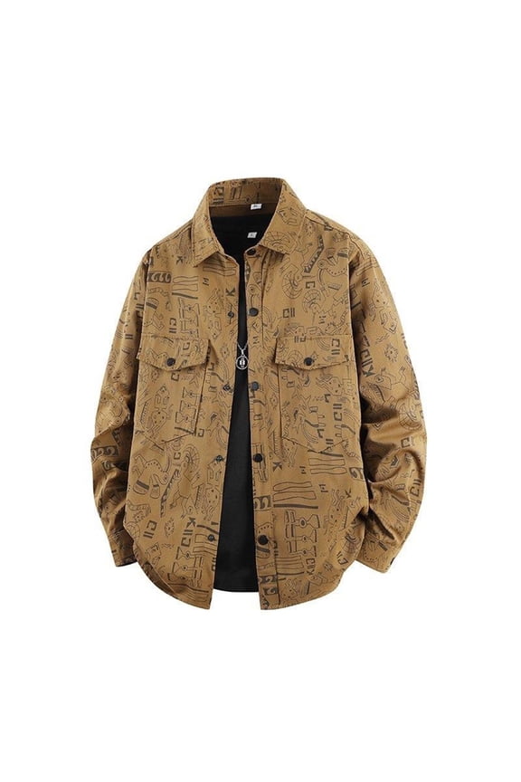 Men's Workwear Windproof Jacket Graffiti Lapel Cardigan Button Down Long Sleeve Casual Fashion Loose Streetwear Jacket Brown XXXXL