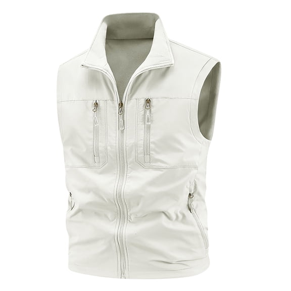 LpwkSSA Mens Casual Fashion Vest, Zipper Thin Sleeveless Outdoor Multi Pocket Vest for Men Stand Up Slim Fit Casual Solid Collar Breathable Workwear Beige M