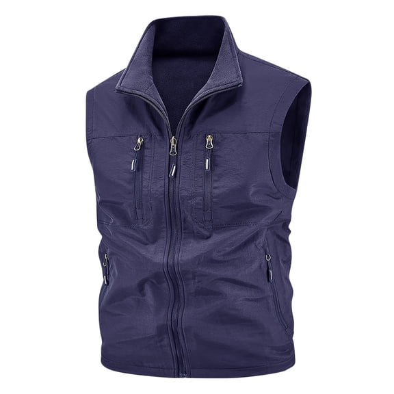 LpwkSSA Mens Casual Fashion Vest, Zipper Thin Sleeveless Outdoor Multi Pocket Vest for Men Stand Up Slim Fit Casual Solid Collar Breathable Workwear Blue L