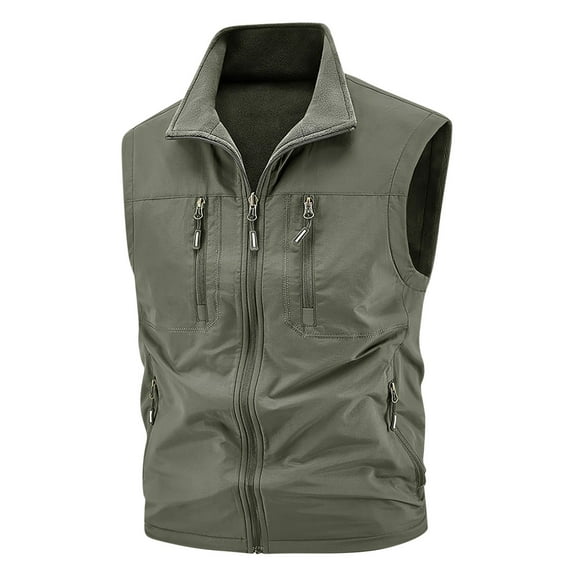 LpwkSSA Mens Casual Fashion Vest, Zipper Thin Sleeveless Outdoor Multi Pocket Vest for Men Stand Up Slim Fit Casual Solid Collar Breathable Workwear Green XXL