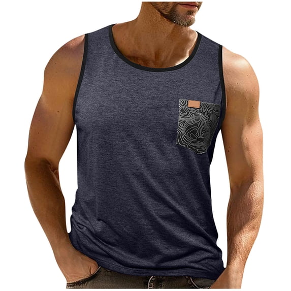 LpwkSSA Mens Sleeveless Color Block Top Contrast Pocket Design Crew Neck Soft Knit Fabric Relaxed Silhouette for Daily Wear Blue XXL