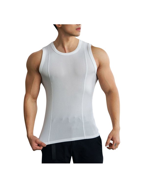 Mens Sleeveless Compression Top Crew Neck Design Stretch Fabric Tight Silhouette Moisture Wicking for Gym Training White L