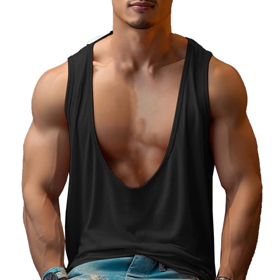 LpwkSSA Mens Sleeveless Deep V Top Extreme Cut Design Wide Armholes Soft Fabric Relaxed Silhouette for Street Style Wear Black XL