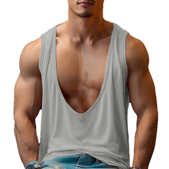 LpwkSSA Mens Sleeveless Deep V Top Extreme Cut Design Wide Armholes Soft Fabric Relaxed Silhouette for Street Style Wear Gray S
