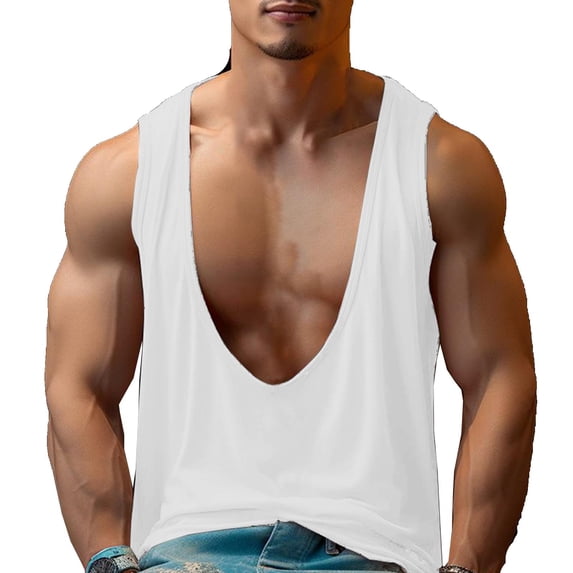 LpwkSSA Mens Sleeveless Deep V Top Extreme Cut Design Wide Armholes Soft Fabric Relaxed Silhouette for Street Style Wear White XXL