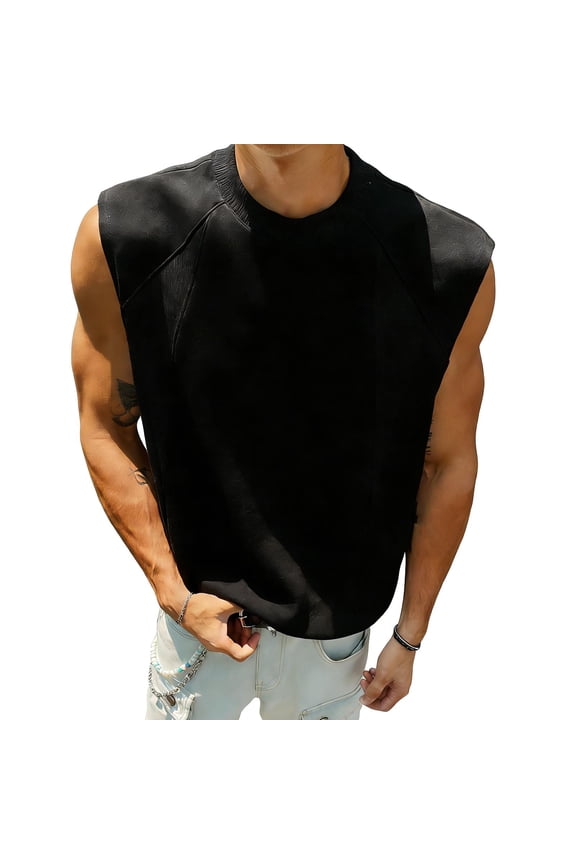 Mens Sleeveless Drop Shoulder Top Raglan Sleeve Design Crew Neck Soft Fabric Relaxed Silhouette for Street Style Black S
