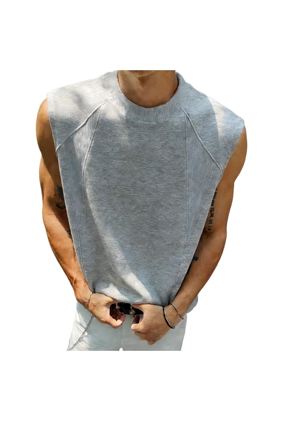 Mens Sleeveless Drop Shoulder Top Raglan Sleeve Design Crew Neck Soft Fabric Relaxed Silhouette for Street Style Gray L