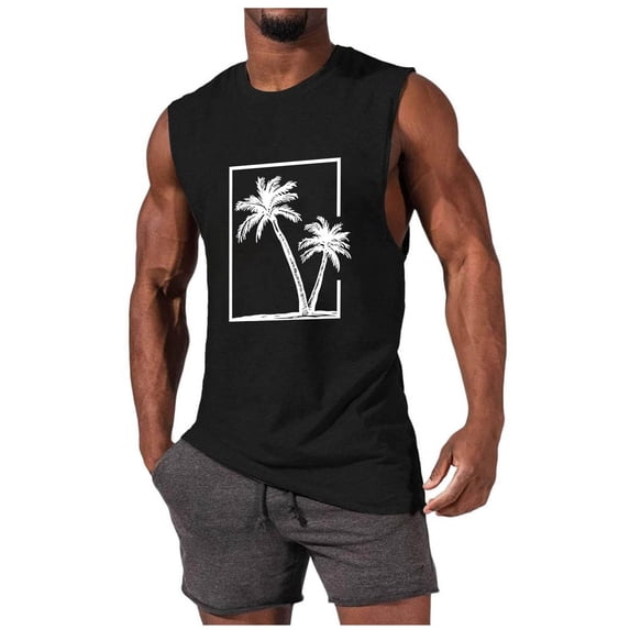 LpwkSSA Mens Sleeveless Framed Palm Tree Top Square Frame Graphic Design Crew Neck Soft Cotton Fabric Casual Silhouette for Beach Vacations Black XXL