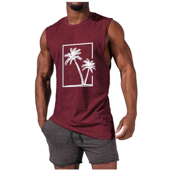 LpwkSSA Mens Sleeveless Framed Palm Tree Top Square Frame Graphic Design Crew Neck Soft Cotton Fabric Casual Silhouette for Beach Vacations Red XL